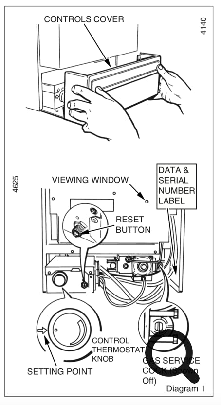 Glow Worm Ultimate boiler - diagram showing location of overheat reset button.